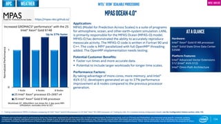 134
weather
ATAGLANCE
Hardware:
Intel® Xeon® Gold 6148 processor
Intel® Solid State Drive Data Center
S3500
Platform Features:
Intel® Advanced Vector Extensions
512 (Intel® AVX-512)
Intel® Omni-Path Architecture
1 - Testing conducted on MPAS-O software comparing 2S Intel® Xeon® Gold 6148 processor to 2S Intel® Xeon® E5-2697 processor v4. Testing by Intel. For complete testing configuration details, see the Configuration Details section, slide 135.
https://mpas-dev.github.io/
Software and workloads used in performance tests may have been optimized for performance only on Intel microprocessors. Performance tests, such as SYSmark and MobileMark, are measured using specific computer systems,
components, software, operations and functions. Any change to any of those factors may cause the results to vary. You should consult other information and performance tests to assist you in fully evaluating your contemplated
purchases, including the performance of that product when combined with other products. For more complete information visit http://www.intel.com/performance. *Other names and brands may be claimed as the property of others
Intel® AVX-512
MPASOCEAN4.0*
Application:
MPAS (Model for Prediction Across Scales) is a suite of programs
for atmosphere, ocean, and other earth-system simulation. LANL
is primarily responsible for the MPAS Ocean (MPAS-O) model.
MPAS-O has demonstrated the ability to accurately reproduce
mesoscale activity. The MPAS-O code is written in Fortran 90 and
C++. The code is MPI* parallelized with full OpenMP* threading
added. The OpenMP implementation needs testing.
Potential Customer Benefits:
 Faster run times and more accurate data.
 Potential to include larger workloads for longer time scales.
Performance Factors:
By taking advantage of more cores, more memory, and Intel®
AVX-512, developers generated an up to 37% performance
improvement at 8 nodes compared to the previous processor
generation.0
1
1 Node 4 Nodes 8 Nodes
2S Intel® Xeon® processor E5-2697 v4
2S Intel® Xeon® Gold 6148 processor
NormalizedPerformance
Increased GROMACS* performance1 with the 2S
Intel® Xeon® Gold 6148
Workload: EC_60to30km run times for 2 day pure MPI
simulation, excludes time to I/O
Up to 37% faster
Intel® Xeon® Scalable ProcessorsHPC
 
