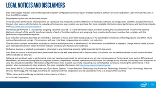 154
LegalNoticesandDisclaimers
Intel technologies’ features and benefits depend on system configuration and may require enabled hardware, software or service activation. Learn more at intel.com, or
from the OEM or retailer.
No computer system can be absolutely secure.
Tests document performance of components on a particular test, in specific systems. Differences in hardware, software, or configuration will affect actual performance.
Consult other sources of information to evaluate performance as you consider your purchase. For more complete information about performance and benchmark results,
visit http://www.intel.com/performance.
Normalized performance is calculated by assigning a baseline value of 1.0 to one benchmark result, and then dividing the actual benchmark result for the baseline
platform into each of the specific benchmark results of each of the other platforms, and assigning them a relative performance number that correlates with the
performance improvements reported.
Cost reduction scenarios described are intended as examples of how a given Intel-based product, in the specified circumstances and configurations, may affect future
costs and provide cost savings. Circumstances will vary. Intel does not guarantee any costs or cost reduction.
This document contains information on products, services and/or processes in development. All information provided here is subject to change without notice. Contact
your Intel representative to obtain the latest forecast, schedule, specifications and roadmaps.
No license (express or implied, by estoppel or otherwise) to any intellectual property rights is granted by this document.
Intel does not control or audit third-party benchmark data or the web sites referenced in this document. You should visit the referenced web site and confirm whether
referenced data are accurate.
Software and workloads used in performance tests may have been optimized for performance only on Intel microprocessors. Performance tests, such as SYSmark and
MobileMark, are measured using specific computer systems, components, software, operations and functions. Any change to any of those factors may cause the results to
vary. You should consult other information and performance tests to assist you in fully evaluating your contemplated purchases, including the performance of that
product when combined with other products. For more complete information visit http://www.intel.com/performance.
Intel, Xeon, AVX-512, Omni-Path Architecture, Quick Assist, Optane, Trusted Execution Technology, Key Protection Technology, Platform Trust Technology, Resource
Director Technology, the Intel logo and others are trademarks of Intel Corporation and its subsidiaries in the U.S. and/or other countries.
*Other names and brands may be claimed as the property of others.
© 2017 Intel Corporation.
 