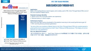 0
1
2S Intel® Xeon® processor E5-2699 v4
2S Intel® Xeon® Platinum 8180 processor
17
BaiduSearchClick-Through-Rate
Application:
Baidu is the leading Chinese search engine, and is widely used in PRC. Click-Through-Rate (CTR) is one of
the core modules of Baidu search.
Potential Customer Benefits:
 Deliver more TPS to provide a better user experience
 Reduced latency in search engine
Performance Factors:
More cores and high memory bandwidth of the platform were key to the overall performance gain of
1.74X1 over the previous processor generation.
“As one of the core modules of Baidu Search, the Click-Through Rate (CTR) sub-module gained a
great performance improvement on Intel® Xeon® Platinum 8180 processor. This helps us a lot to
improve our user experience.”
Hou Jue, Baidu NF Architect
“作为百度搜索的核心模块之一，Intel® Xeon® Platinum 8180帮助我们的CTR展示了强大的性能，必将大大提
升我们的用户体验”, 侯珏，百度基础架构部架构师．
Baidu Search Click-Through-Rate (CTR)*
increased performance with the Intel® Xeon®
Platinum 8180 processor
1 - Testing conducted on Baidu* software comparing Intel® Xeon® Platinum 8180 processor to 2S Intel® Xeon® Processor E5-2699 v4 Testing by Intel. For complete testing configuration details, see the Configurations Details section, slide 135.
NormalizedPerformance
Software and workloads used in performance tests may have been optimized for performance only on Intel microprocessors. Performance tests, such as SYSmark and MobileMark, are measured using specific computer systems,
components, software, operations and functions. Any change to any of those factors may cause the results to vary. You should consult other information and performance tests to assist you in fully evaluating your contemplated
purchases, including the performance of that product when combined with other products. For more complete information visit http://www.intel.com/performance. *Other names and brands may be claimed as the property of others
Workload: Baidu Search Click-Through-Rate
transaction per hour
www.baidu.com
Up to
74%
faster
Intel® Xeon® Scalable processorsCloud
 