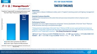 0
1
2S Intel® Xeon® processor E5-2699 v4
2S Intel® Xeon® Platinum 8180 processor
22
TongTechTongLink/Q
Application:
TongLink/Q is a Queue middleware widely used in Tongtech’s banking system and highway management
systems.
Potential Customer Benefits:
Support more transactions at the same time and save every transaction’s time to improve user’s
experience.
Performance Factors:
Increased core count, higher frequencies and greater memory bandwidth of the Intel® Xeon® Platinum
8180 processor were key to the performance gain.
“Taking technical advantage of the Intel® Xeon® Platinum 8180, we see a great performance boost on
TongTech TongLink/Q compared with the previous generation processor. We will surely recommend this
platform to our TongLink/Q customers.” Zou Qiang, Development manager
“基于Intel® Xeon® Platinum 8180处理器的强大技术优势，东方通TongLink/Q与上一代平台相比有着显著的
性能提升，我们一定会向我们TongLink/Q的客户推荐这个平台。”，邹强，研发经理
TongTech TongLink/Q* increased performance with
the Intel® Xeon® Platinum 8180 processor1
1 - Testing conducted on TongLink/Q* software comparing Intel® Xeon® Platinum 8180 processor to 2S Intel® Xeon® Processor E5-2699 v4 Testing by Intel. For complete testing configuration details, see the Configurations Details section, slide 135.
NormalizedPerformance
www.tongtech.com
Software and workloads used in performance tests may have been optimized for performance only on Intel microprocessors. Performance tests, such as SYSmark and MobileMark, are measured using specific computer systems,
components, software, operations and functions. Any change to any of those factors may cause the results to vary. You should consult other information and performance tests to assist you in fully evaluating your contemplated
purchases, including the performance of that product when combined with other products. For more complete information visit http://www.intel.com/performance. *Other names and brands may be claimed as the property of others
Workload: TongTech TongLink/Q middleware transactions per
second (TPS)
Up to
56%
faster
Intel® Xeon® Scalable processorsCloud
 