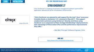 24
Citrixxenserver7.2*
Citrix XenServer* is a leading virtualization management platform optimized for
application, desktop and server virtualization infrastructures.
“Citrix XenServer are pleased to add support for the Intel® Xeon® processor
Scalable family in XenServer 7.2*, released in May 2017. This support
enables both customers using XenServer* directly, and those using
XenServer as a component of their XenApp*/XenDesktop* deployments to
take advantage of these latest CPUs and the performance improvements
they offer.”
– Bob Ball, Principal Software Engineer, Citrix
Software and workloads used in performance tests may have been optimized for performance only on Intel microprocessors. Performance tests, such as SYSmark and MobileMark, are measured using specific computer systems,
components, software, operations and functions. Any change to any of those factors may cause the results to vary. You should consult other information and performance tests to assist you in fully evaluating your contemplated
purchases, including the performance of that product when combined with other products. For more complete information visit http://www.intel.com/performance. *Other names and brands may be claimed as the property of others
Intel® Xeon® Processor Scalable Family
www.citrix.com
Up to
74%
faster
More info
https://www.citrix.com/products/xenserver/
VirtualizationCloud
 