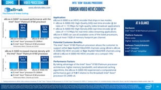 0
1
2S Intel® Xeon® processor E5-2699v4
2S Intel® Xeon® Platinum 8180 processor
0
1
2
2S Intel® Xeon® processor E5-2699v4
2S Intel® Xeon® Platinum 8180 processor
28
eBriskVideoHEVCCodec*
Application:
eBLive A-5000 is an HEVC encoder that ships in two modes:
 eBLive A-5000-HQ: High-Quality (HQ) real-time encoder @ bit
rates of <= 15 Mbps for high-quality video broadcast applications
 eBLive A-5000-HD: High Density (HD) real-time encoder @ bit
rates of <=15 Mbps for real-time video streaming applications
eBLive A-5000 can use all available cores of the listed processors,
using at most 15GB of memory footprint per channel.
Potential Customer Benefits:
The Intel® Xeon® 8180 Platinum processor allows the customer to
support either two 4kp60/10bit/HDR channels using eBrisk’s eBLive
A-5000-HQ HEVC encoder or four 4kp60/10bit/HDR channels using
eBrisk’s eBLive A-5000-HD HEVC encoder on a compact 1RU
solution.
Performance Factors:
By taking advantage of the Intel® Xeon® 8180 Platinum processor
architecture, higher memory bandwidth, and advanced caching
algorithms, the eBLive A-5000-HQ experienced a computational
performance gain of 1.9:1 relative to the Broadwell Intel® Xeon®
processor E5-2699 v4.
ATAGLANCE
Hardware:
Intel® Xeon® 8180 Platinum processor
Platform Features:
More cores
Higher memory bandwidth
Software Tools/Libraries:
Intel® Compiler
Intel® VTune™ Amplifier
1 - Testing conducted on eBrisk video software comparing 2S Intel® Xeon® Platinum 8180 processor to 2S Intel® Xeon® Processor E5-2699 v4. Testing by eBrisk. For complete testing configuration details, see the Configurations Details section, slide 135.
www.ebriskvideo.com
Performance Metric: Channels per Socket
eBLive A 5000 increased channel density with
the Intel® Xeon® Platinum 8180 processor
NormalizedChannelsNormalizedPerformance
eBLive A 5000* increased performance with the
Intel® Xeon® Platinum 8180 processor
eBLive A-5000-HQ eBLive A-5000-HD
Performance Metric: Channels per Socket
Up to
90%
faster
Up to
70%
faster
Up to 2x
more
channels
Up to 2x
more
channels
eBLive A-5000-HQ eBLive A-5000-HD
Intel® Xeon® scalable Processors
Software and workloads used in performance tests may have been optimized for performance only on Intel microprocessors. Performance tests, such as SYSmark and MobileMark, are measured using specific computer systems,
components, software, operations and functions. Any change to any of those factors may cause the results to vary. You should consult other information and performance tests to assist you in fully evaluating your contemplated
purchases, including the performance of that product when combined with other products. For more complete information visit http://www.intel.com/performance. *Other names and brands may be claimed as the property of others
Video processingcomms
 