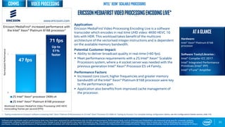0
1
2S Intel® Xeon® processor 2699 v4
2S Intel® Xeon® Platinum 8168 processor
47 fps
71 fps
NormalizedPerformance
33
EricssonMediaFirstVideoProcessingEncodingLive*
VIDEO Processing
Application:
Ericsson MediaFirst Video Processing Encoding Live is a software
transcoder which encodes in real time UHD video: 4K60 HEVC 10
bits with HDR. This workload takes benefit of the multicore
architecture of the vectorised integer instructions and is dependent
on the available memory bandwidth.
Potential Customer Impact:
 Ability to deliver broadcast quality in real-time (>60 fps).
 Meet performance requirements with a 2S Intel® Xeon® Scalable
Processors system, where a 4 socket server was needed with the
previous generation Intel® Xeon® Processor E5 v4 Family.
Performance Factors:
 Increased core count, higher frequencies and greater memory
bandwidth of the Intel® Xeon® Platinum 8168 processor were key
to the performance gain.
 Application also benefits from improved cache management of
the processor.
ATAGLANCE
Hardware:
Intel® Xeon® Platinum 8168
processor
Software Tools/Libraries :
Intel® Compiler ICC 2017
Intel® Integrated Performance
Primitives (Intel® IPP)
Intel® VTune™ Amplifier
Ericsson MediaFirst* increased performance with
the Intel® Xeon® Platinum 8168 processor1
1 - Testing conducted on Ericsson* software comparing Intel® Xeon® Platinum 8168 processor to 2S Intel® Xeon® Processor E5-2699 v4. Testing by Ericsson. For complete testing configuration details, see the Configurations Details section, slide 135.
www.ericsson.com
Software and workloads used in performance tests may have been optimized for performance only on Intel microprocessors. Performance tests, such as SYSmark and MobileMark, are measured using specific computer systems,
components, software, operations and functions. Any change to any of those factors may cause the results to vary. You should consult other information and performance tests to assist you in fully evaluating your contemplated
purchases, including the performance of that product when combined with other products. For more complete information visit http://www.intel.com/performance. *Other names and brands may be claimed as the property of others
Intel® Xeon® Scalable Processors
Workload: Ericsson MediaFirst Video Processing UHD HEVC
transcoding frames per second (FPS)
comms
Up to
51%
faster
 