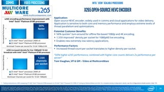 0
1
2S Intel® Xeon® processor 2699 v4
2S Intel® Xeon® Platinum 8180 processor
Workload: Frames per second for 10-bit 1080p & 4K
36
x265Open-sourceHEVCEncoder
Application:
Open source HEVC encoder, widely used in comms and cloud applications for video delivery.
Application is sensitive to both core and memory performance and employs extreme levels of
thread parallelism and optimizations.
Potential Customer Benefits:
 56% quicker1 turn-around for offline file-based 1080p and 4K encoding.
 1.33X improved1 density per socket for 1080p60 live encoding.
 Enables new extremely low-latency applications.
Performance Factors:
 Increased thread count per socket translates to higher density per-socket.
“56% higher x265 performance, combined with higher core counts delivers 2x performance per
server!”
Tom Vaughan, VP & GM - Video at MulticoreWare
56%
faster
x265 encoding performance improvement with
Intel® Xeon® Platinum 8180 processor
1 - Testing conducted on x265 comparing 2S Intel® Xeon® Platinum 8180 processor to 2S Intel® Xeon® Processor E5-2699 v4 Testing by MulticoreWare and Intel. For complete testing configuration details, see the Configurations Details section, slide 135.
NormalizedPerformance
www.multicorewareinc.com
0
1
2S Intel® Xeon® processor 2699 v4
2S Intel® Xeon® Platinum 8180 processor
Workload: Channels per socket for 10-bit 1080p60
x265 increased density for live 1080p60 10-bit
broadcast with Intel® Xeon® Platinum 8180 processor
NormalizedDensity
1.33X
channels
per socket
Intel® Xeon® scalable Processors
Software and workloads used in performance tests may have been optimized for performance only on Intel microprocessors. Performance tests, such as SYSmark and MobileMark, are measured using specific computer systems,
components, software, operations and functions. Any change to any of those factors may cause the results to vary. You should consult other information and performance tests to assist you in fully evaluating your contemplated
purchases, including the performance of that product when combined with other products. For more complete information visit http://www.intel.com/performance. *Other names and brands may be claimed as the property of others
Video processingcomms
 