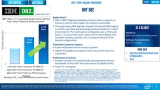 0
1
2
4S Intel® Xeon® processor E7-4890 v2
4S Intel® Xeon® processor E7-8890 v4
4S Intel® Xeon® Platinum 8180 processor
1.71X
faster
Workload
BDInsights (3TB, 12 users, intermediate & complex queries)
45
IBM®DB2
ENTERPRISE
Application1:
 DB2 is IBM’s flagship database product which supports in-
memory column store tables for analytics workloads.
 The proprietary IBM Big Data Insights Workload (BDInsights)
is a multi-user data warehousing workload based on a retail
environment. The workload as configured uses a 3TB scale
factor, 12 concurrent users, and a mix of intermediate and
complex analytics queries, and is compute-bound in the
tested configuration.
Potential Customer Impact:
 Faster response time for analytic queries
 Higher throughput to support more concurrent users for
customers.
Performance Factors:
 Greater number of cores/threads and improved memory
bandwidth of the Intel® Xeon processor Scalable Family
 Intel® C++ Compiler
ATAGLANCE
Hardware:
Intel® Xeon® Platinum 8180 processor
Software Tools/Libraries:
Intel® C++ Compiler
2.53X
faster
IBM® DB2 11.1.1 increased performance with the
Intel® Xeon® Platinum 8180 processor1
1 - Testing conducted on IBM DB2* software comparing Intel® Xeon® Platinum 8180 processor to 4S Intel®
Xeon® Processor E7-4890 v2 and E7-8890 v4. Testing performed by Intel® and IBM®, April/May 2017.
BASELINE: 4S Intel® Xeon® processor E7-4890 v2, 2.8GHz, 15 cores, turbo on, HT on, BIOS 38.R02, 1.5TB total
memory, 96 slots / 16GB / 1066 MT/s / DDR3 DIMM, IBM XIV Storage (132 10K RPM disks), SuSE Enterprise
Linux* 11.3 kernel 3.0.101-0.47.71. NEXT GEN: 4S Intel® Xeon® processor E7-8890 v4, 2.2GHz, 24 cores, turbo
on, HT on, BIOS 335.R00, 1.5TB total memory, 96 slots / 16GB / 1600 MT/s / DDR4 LRDIMM, 1 x 800GB, Intel®
SSD DC S3700, Red Hat Enterprise Linux* 7.3 kernel 3.10.0-514.16.1.el7.x86_64. NEW: Intel® Xeon® Platinum
8180 processor, 2.5GHz, 28 cores, turbo on, HT on, BIOS 119.R05, 1.5TB total memory, 48 slots / 32GB / 2677
MT/s / DDR4 LRDIMM, 1 x 800GB, Intel® SSD DC S3700, Red Hat Enterprise Linux* X.X kernel 3.10.0-
514.16.1.el7.x86_64.
More info
• See the Solution Brief and
Infographic
• 2x2
NormalizedPerformance
www.ibm.com
Software and workloads used in performance tests may have been optimized for performance only on Intel microprocessors. Performance tests, such as SYSmark and MobileMark, are measured using specific computer systems,
components, software, operations and functions. Any change to any of those factors may cause the results to vary. You should consult other information and performance tests to assist you in fully evaluating your contemplated
purchases, including the performance of that product when combined with other products. For more complete information visit http://www.intel.com/performance. *Other names and brands may be claimed as the property of others
Intel® Xeon® Scalable Processors multi-gen
DATABASE 4 socket
 