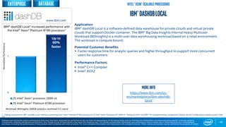 0
1
2S Intel® Xeon® processor 2699 v4
2S Intel® Xeon® Platinum 8180 processor
Workload: BDInsights 300GB analytics workload (12 users)
48
IBM®dashDBLocal
Application:
IBM® dashDB Local is a software-defined data warehouse for private clouds and virtual private
clouds that support Docker container. The IBM® Big Data Insights Internal Heavy Multiuser
Workload (BDInsights) is a multi-user data warehousing workload based on a retail environment.
The workload is compute bound.
Potential Customer Benefits:
 Faster response time for analytic queries and higher throughput to support more concurrent
users for customers.
Performance Factors:
 Intel® C++ Compiler
 Intel® AVX2
Up to
60%
faster
IBM® dashDB Local* increased performance with
the Intel® Xeon® Platinum 8180 processor1
1 - Testing conducted on IBM® dashDB Local* software comparing Intel® Xeon® Platinum 8180 processor to 2S Intel® Xeon® Processor E5-2699 v4. Testing by Intel® and IBM®. For complete testing configuration details, see the Configurations Details section, slide
135
More info
https://www.ibm.com/us-
en/marketplace/ibm-dashdb-
local
NormalizedPerformance
www.ibm.com
Software and workloads used in performance tests may have been optimized for performance only on Intel microprocessors. Performance tests, such as SYSmark and MobileMark, are measured using specific computer systems,
components, software, operations and functions. Any change to any of those factors may cause the results to vary. You should consult other information and performance tests to assist you in fully evaluating your contemplated
purchases, including the performance of that product when combined with other products. For more complete information visit http://www.intel.com/performance. *Other names and brands may be claimed as the property of others
Intel® Xeon® Scalable ProcessorsdatabaseEnterprise
 