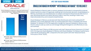 0
1
2S Intel® Xeon® Platinum 8180 processor
w/Intel® AVX2
2S Intel® Xeon® Platinum 8180 processor
w/Intel® AVX-512
66
Oracle Database In-Memory adds in-memory database functionality to transparently accelerate
analytic queries by orders of magnitude, enabling real-time business decisions. Using Database In-
Memory, businesses can instantaneously run analytics and reports that previously took hours or
days. Businesses benefit from better decisions made in real-time, resulting in lower costs,
improved productivity, and increased competitiveness.
Oracle Database In-Memory accelerates both Data Warehouses and mixed workload OLTP
databases, and is easily deployed under any existing application that is compatible with Oracle
Database 12c Release 2 (12.2). No application changes are required. Database In-Memory uses
Oracle’s mature scale-up, scale-out, and storage-tiering technologies to cost effectively run any
size workload.
The new Intel® Xeon® Platinum 8180 processor with Intel® Advanced Vector Extensions 512 (Intel®
AVX-512) improves Oracle Database In-Memory with Oracle Database 12c Release 2 performance
under the DS workload by 20%1 compared to the same system with Intel® Advanced Vector
Instructions 2 (Intel® AVX2).
OracleDatabaseIn-Memory*withOracleDatabase*12cRelease2
Software and workloads used in performance tests may have been optimized for performance only on Intel microprocessors. Performance tests, such as SYSmark and MobileMark, are measured using specific computer systems,
components, software, operations and functions. Any change to any of those factors may cause the results to vary. You should consult other information and performance tests to assist you in fully evaluating your contemplated
purchases, including the performance of that product when combined with other products. For more complete information visit http://www.intel.com/performance. *Other names and brands may be claimed as the property of others
Up to
20%
faster
NormalizedPerformance
Oracle* Database In-Memory Decision Support “DS” Workload
Intel® AVX-512
1 - Testing conducted on Oracle* software comparing 2S Intel® Xeon® Platinum 8180 processor w/Intel AVX-512 to 2S Intel® Xeon® Platinum 8180 processor w/Intel AVX2. Testing by Intel. For configuration details, see the Configurations Details section, slide
135.
www.oracle.com
Oracle Database In-Memory* improved performance
with the Intel® Xeon® Platinum 8180 processor and
Intel® AVX-512
databaseEnterprise Intel® Xeon® Scalable Processors
 
