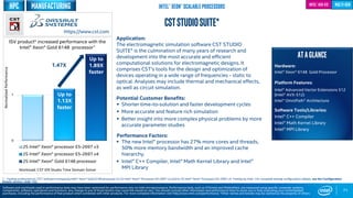 0
1
2S Intel® Xeon® processor E5-2697 v3
2S Intel® Xeon® processor E5-2697 v4
2S Intel® Xeon® Gold 6148 processor
Up to
1.13X
faster
Workload: CST EM Studio Time Domain Solver
71
CSTStudioSuite*
Application:
The electromagnetic simulation software CST STUDIO
SUITE® is the culmination of many years of research and
development into the most accurate and efficient
computational solutions for electromagnetic designs. It
comprises CST’s tools for the design and optimization of
devices operating in a wide range of frequencies - static to
optical. Analyses may include thermal and mechanical effects,
as well as circuit simulation.
Potential Customer Benefits:
 Shorter time-to-solution and faster development cycles
 More accurate and feature rich simulation
 Better insight into more complex physical problems by more
accurate parameter studies
Performance Factors:
 The new Intel® processor has 27% more cores and threads,
50% more memory bandwidth and an improved cache
hierarchy.
 Intel® C++ Compiler, Intel® Math Kernel Library and Intel®
MPI Library
ATAGLANCE
Hardware:
Intel® Xeon® 6148 Gold Processor
Platform Features:
Intel® Advanced Vector Extensions 512
(Intel® AVX-512)
Intel® OmniPath® Architecture
Software Tools/Libraries:
Intel® C++ Compiler
Intel® Math Kernel Library
Intel® MPI Library
Up to
1.89X
faster
ISV product* increased performance with the
Intel® Xeon® Gold 6148 processor1
1 - Testing conducted on CST* software comparing Intel® Xeon® Gold 6148 processor to 2S Intel® Xeon® Processor E5-2697 v3 and to 2S Intel® Xeon® Processor E5-2697 v4. Testing by Intel.. For complete testing configuration details, see the Configuration
Details section, slide 135.
NormalizedPerformance
https://www.cst.com
Software and workloads used in performance tests may have been optimized for performance only on Intel microprocessors. Performance tests, such as SYSmark and MobileMark, are measured using specific computer systems,
components, software, operations and functions. Any change to any of those factors may cause the results to vary. You should consult other information and performance tests to assist you in fully evaluating your contemplated
purchases, including the performance of that product when combined with other products. For more complete information visit http://www.intel.com/performance. *Other names and brands may be claimed as the property of others
Intel® Xeon® Scalable Processors multi-genIntel® AVX-512
1.47X
HPC Manufacturing
 
