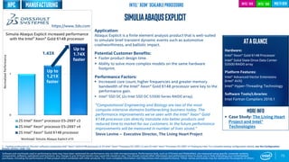 0
1
2S Intel® Xeon® processor E5-2697 v3
2S Intel® Xeon® processor E5-2697 v4
2S Intel® Xeon® Gold 6148 processor
Up to
1.21X
faster
Workload: Simulia Abaqus Explicit e10
73
Simuliaabaqusexplicit
Application:
Abaqus Explicit is a finite element analysis product that is well-suited
to simulate brief transient dynamic events such as automotive
crashworthiness, and ballistic impact.
Potential Customer Benefits:
 Faster product design time.
 Ability to solve more complex models on the same hardware
footprint.
Performance Factors:
 Increased core count, higher frequencies and greater memory
bandwidth of the Intel® Xeon® Gold 6148 processor were key to the
performance gain.
 Intel® SSD DC (2x Intel SSD DC S3500 Series RAID0 array).
ATAGLANCE
Hardware:
Intel® Xeon® Gold 6148 Processor
Intel® Solid State Drive Data Center
S3500 RAID0 array
Platform Features:
Intel® Advanced Vector Extensions
(Intel® AVX)
Intel® Hyper-Threading Technology
Software Tools/Libraries:
Intel Fortran Compilers 2016.1
Intel® SSD
Up to
1.74X
faster
Simulia Abaqus Explicit increased performance
with the Intel® Xeon® Gold 6148 processor
1 - Testing conducted on Simulia* software comparing Intel® Xeon® Gold 6148 processor to 2S Intel® Xeon® Processor E5-2697 v3 and 2S Intel® Xeon® Processor E5-2697 v4 Testing by Intel. For complete testing configuration details, see the Configuration
Details section, slide 135.
NormalizedPerformance
Software and workloads used in performance tests may have been optimized for performance only on Intel microprocessors. Performance tests, such as SYSmark and MobileMark, are measured using specific computer systems,
components, software, operations and functions. Any change to any of those factors may cause the results to vary. You should consult other information and performance tests to assist you in fully evaluating your contemplated
purchases, including the performance of that product when combined with other products. For more complete information visit http://www.intel.com/performance. *Other names and brands may be claimed as the property of others
Intel® Xeon® Scalable Processors multi-gen
“Computational Engineering and Biology are two of the most
compute-intensive domains bottlenecking business today. The
performance improvements we’ve seen with the Intel® Xeon® Gold
6148 processor can directly translate into better products and
reduced time to market for our customers. In the future performance
improvements will be measured in number of lives saved.”
Steve Levine – Executive Director, The Living Heart Project
Intel® AVX
https://www.3ds.com
More info
 Case Study: The Living Heart
Project and Intel®
Technologies
1.43X
HPC Manufacturing
 