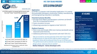 0
1
2S Intel® Xeon® processor E5-2697 v3
2S Intel® Xeon® processor E5-2697 v4
2S Intel® Xeon® Gold 6148 processor
Up to
1.84X
faster
74
LSTCLS-DYNAexplicit*
CAE/CrashSimulation
Application:
LS-DYNA is a popular crash simulation application. It is used by
the automobile, aerospace, construction, military, manufacturing,
and bioengineering industries in worldwide.
Potential Customer Benefits:
 All major Auto Makers and Aerospace customers can benefit
from the increased performance.
 Faster simulation turnover
 Influencing customers to migrate to Intel® AVX-512
Platform Features:
 More cores and threads, 50% more memory bandwidth and an
improved cache hierarchy.
 Additional performance improvement with Intel® AVX-512
ATAGLANCE
Hardware:
Intel® Xeon® 6148 Gold processor
Intel® Solid State Drive Data Center
S3520
Platform Features:
Intel® Advanced Vector Extensions 512
(Intel® AVX-512)
Increased memory bandwidth
Wider vector unit
Increased number of cores
Software Tools/Libraries:
Intel® Fortran compiler V16.3
Intel® MPI library 2017 update 1
LS-DYNA explicit increased performance with
the Intel® Xeon® Gold 8164 processor1
NormalizedPerformance
www.lstc.com
Software and workloads used in performance tests may have been optimized for performance only on Intel microprocessors. Performance tests, such as SYSmark and MobileMark, are measured using specific computer systems,
components, software, operations and functions. Any change to any of those factors may cause the results to vary. You should consult other information and performance tests to assist you in fully evaluating your contemplated
purchases, including the performance of that product when combined with other products. For more complete information visit http://www.intel.com/performance. *Other names and brands may be claimed as the property of others
Intel® Xeon® Scalable Processors
Up to
1.25X
faster
"We are excited to see the potential of the Intel® Xeon® Gold
6148 processor as seen by the node to node comparison
leading to faster job turnaround times for our LS-DYNA users.
This performance will accelerate crash results in the automotive
design phase, reducing time to market.”
Nathan Hallquist – Senior Developer LSTCWorkload: 2M elements Car2car model with 120ms
simulation time
Intel® AVX-512 Intel® SSD
1 - Testing conducted on LS-DYNA* software comparing Intel® Xeon® Gold 6148 processor to 2S Intel® Xeon® Processor E5-2697 v3 and to 2S Intel® Xeon® Processor E5-2697 v4. Testing by Intel. For complete testing configuration details, see the Configuration
Details section, slide 135.
1.47X
HPC
 