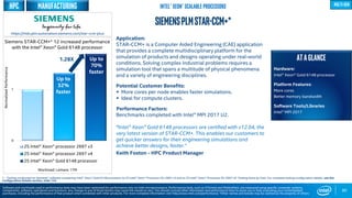 0
1
2S Intel® Xeon® processor 2697 v3
2S Intel® Xeon® processor 2697 v4
2S Intel® Xeon® Gold 6148 processor
Up to
32%
faster
Workload: Lemans 17M
80
SIEMENSPLMSTAR-CCM+*
Application:
STAR-CCM+ is a Computer Aided Engineering (CAE) application
that provides a complete multidisciplinary platform for the
simulation of products and designs operating under real-world
conditions. Solving complex industrial problems requires a
simulation tool that spans a multitude of physical phenomena
and a variety of engineering disciplines.
Potential Customer Benefits:
 More cores per node enables faster simulations.
 Ideal for compute clusters.
Performance Factors:
Benchmarks completed with Intel® MPI 2017 U2.
“Intel® Xeon® Gold 6148 processors are certified with v12.04, the
very latest version of STAR-CCM+. This enables our customers to
get quicker answers for their engineering simulations and
achieve better designs, faster.”
Keith Foston - HPC Product Manager
ATAGLANCE
Hardware:
Intel® Xeon® Gold 6148 processor
Platform Features:
More cores
Better memory bandwidth
Software Tools/Libraries
Intel® MPI 2017
Up to
70%
faster
Siemens STAR-CCM+* 12 increased performance
with the Intel® Xeon® Gold 6148 processor
1 - Testing conducted on Siemens* software comparing Intel® Xeon® Gold 6148 processor to 2S Intel® Xeon® Processor E5-2697 v3 and to 2S Intel® Xeon® Processor E5-2697 v4. Testing done by Intel. For complete testing configuration details, see the
Configuration Details section, slide 135.
NormalizedPerformance
Software and workloads used in performance tests may have been optimized for performance only on Intel microprocessors. Performance tests, such as SYSmark and MobileMark, are measured using specific computer systems,
components, software, operations and functions. Any change to any of those factors may cause the results to vary. You should consult other information and performance tests to assist you in fully evaluating your contemplated
purchases, including the performance of that product when combined with other products. For more complete information visit http://www.intel.com/performance. *Other names and brands may be claimed as the property of others
Intel® Xeon® scalable Processors multi-gen
manufacturing
https://mdx.plm.automation.siemens.com/star-ccm-plus
HPC
1.28X
 