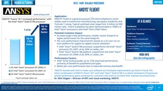 81
Application:
ANSYS® Fluent is a general purpose CFD and multiphysics solver
widely used in automotive manufacturing, aerospace, academia, and
Formula 1 racing. Typical workload sizes range from 2 million to 500
million cells. Fluent scalability has been demonstrated to 1000’s of
Intel® Xeon® processors with Intel® Omni-Path Fabric.
Potential Customer Impact:
 Increase single node performance, smaller cluster footprint or
higher performance for the same footprint.
 Per-core performance improvement, based on a 32 core run on
each platform for apples-to-apples license utilization:
 Intel® Xeon® Gold 6148 processor outperforms the Intel® Xeon®
processor E5-2697 v4 by 34% on sedan_4m
 Intel® Xeon® Gold 6148 platform outperforms the Intel® Xeon®
processor E5-2698 v3 by 46% on sedan_4m
Performance Factors:
 Intel® AVX2 build provides up to 12% improved performance,
primarily of benefit for polyhedral cell types.
 Better per-core performance due to improved memory bandwidth.
ATAGLANCE
Hardware:
Intel® Xeon® 6148 Gold Processor
Platform Features:
More cores
More memory bandwidth
Software Tools/Libraries
Compiler/MPI: Intel® Parallel Studio XE
Cluster Edition
Up to
YY%
faster
www.ansys.com
Software and workloads used in performance tests may have been optimized for performance only on Intel microprocessors. Performance tests, such as SYSmark and MobileMark, are measured using specific computer systems,
components, software, operations and functions. Any change to any of those factors may cause the results to vary. You should consult other information and performance tests to assist you in fully evaluating your contemplated
purchases, including the performance of that product when combined with other products. For more complete information visit http://www.intel.com/performance. *Other names and brands may be claimed as the property of others
Intel® Xeon® Scalable Processors multi-gen
“ANSYS teamed with Intel to make sure software and hardware improvements go hand in hand. The
latest combination of ANSYS Fluent 18.1 and Intel® Xeon® Gold 6148 is a clearly testament of impressive
overall performance gains achieved for customers who want to increase their engineering productivity.”
Dr. Wim Slagter – Director of HPC and cloud marketing, ANSYS
0
1
2S Intel® Xeon® processor E5-2698 v3
2S Intel® Xeon® processor E5-2697 v4
2S Intel® Xeon® Gold 6148 processor
Up to
13%
faster
Fluent workload: sedan_4m.
ANSYS® Fluent 18.1 increased performance1 with
the Intel® Xeon® Gold 6148 processor
Up to
60%
faster
Ansys®fluent
1.41X
1 - Testing conducted on ANSYS* software comparing Intel® Xeon® Gold 6148 processor to 2S Intel® Xeon® Processor E5-2698 v3 and to 2S Intel® Xeon® Processor E5-2697 v4. Testing by Intel. For complete testing configuration details, see the Configuration
Details section, slide 135.
HPC Manufacturing
More info
See the infographic
 