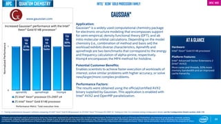 0
1
2S Intel® Xeon® processor E5-2697 v4
2S Intel® Xeon® Gold 6148 processor
Performance Metric: Total execution time
Up
to
21%
faster
Up
to
30%
faster
88
Gaussian*
quantum chemistry
Application:
Gaussian* is a widely used computational chemistry package
for electronic structure modeling that encompasses support
for semi-empirical, density functional theory (DFT), and ab
initio molecular orbital calculations. Depending on the model
chemistry (i.e., combination of method and basis set) the
workload exhibits diverse characteristics. Apinehfb and
apinefreqb are two benchmarks that correspond to the energy
and frequency calculation of alpha-pinine, respectively.
Hismp4 encompasses the MP4 method for histidine.
Potential Customer Benefits:
Enables scientists to achieve faster execution of workloads of
interest, solve similar problems with higher accuracy, or solve
new/larger/more complex problems.
Performance Factors:
The results were obtained using the official/certified AVX2
binary supplied by Gaussian. This application is enabled with
Intel® AVX2 and OpenMP parallelization.
ATAGLANCE
Hardware:
Intel® Xeon® Gold 6148 processor
Platform Features:
Intel® Advanced Vector Extensions 2
(Intel® AVX2)
More cores and threads, 50% more
memory bandwidth and an improved
cache hierarchy.
Up
to
22%
faster
Increased Gaussian* performance with the Intel®
Xeon® Gold 6148 processor1
1 - Testing conducted on Gaussian* software comparing 2S Intel® Xeon® Gold 6148 processor to 2S Intel® Xeon® Processor E5-2697 v4. Testing by Intel. For complete testing configuration details, see the Configuration Details section, slide 135.
NormalizedPerformance
www.gaussian.com
Software and workloads used in performance tests may have been optimized for performance only on Intel microprocessors. Performance tests, such as SYSmark and MobileMark, are measured using specific computer systems,
components, software, operations and functions. Any change to any of those factors may cause the results to vary. You should consult other information and performance tests to assist you in fully evaluating your contemplated
purchases, including the performance of that product when combined with other products. For more complete information visit http://www.intel.com/performance. *Other names and brands may be claimed as the property of others
Intel® Xeon® gold Processor Family
apinehfb apinefreqb hismp4
Intel® AVX2
HPC
 
