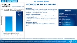0
1
2S Intel® Xeon® processor 2699 v4
2S Intel® Xeon® Platinum 8168 processor
Workload: Training performance
93
StockPriceEstimationlinearregression*
MachineLearning
Application:
Linear Regression is used to identify trends and fluctuations in
stock prices and time series analysis. This used a multi-layer
perceptron to identify stock price patterns.
Potential Customer Benefits:
 Faster training performance on the latest Intel® Xeon®
Scalable platforms.
 Faster time to prediction in a field where every millisecond
counts.
Performance Factors:
Used Intel® Math Kernal Library for additional performance
gains.
ATAGLANCE
Hardware:
Intel® Xeon® 8168 Platinum processor
Platform Features:
More cores
More memory bandwidth
Intel® Mesh Architecture
Software Tools/Libraries:
Intel® Math Kernal Library
Up to
34%
faster
Julia Computing improved performance with the
Intel® Xeon® Platinum 8168 processor
NormalizedPerformance
www.juliacomputing.com
Software and workloads used in performance tests may have been optimized for performance only on Intel microprocessors. Performance tests, such as SYSmark and MobileMark, are measured using specific computer systems,
components, software, operations and functions. Any change to any of those factors may cause the results to vary. You should consult other information and performance tests to assist you in fully evaluating your contemplated
purchases, including the performance of that product when combined with other products. For more complete information visit http://www.intel.com/performance. *Other names and brands may be claimed as the property of others
Intel® Xeon® Scalable processorsHPC
1 - Testing conducted on Julia Computing* software comparing 2SIntel® Xeon® Platinum 8168 processor to 2S Intel® Xeon® Processor E5-2699 v4 Testing by Julia Computing. For complete testing configuration details, see the Configuration Details section,
slide 135.
 