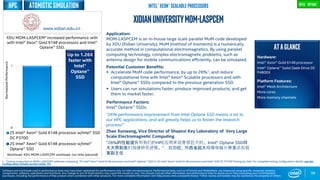 0
1
2S Intel® Xeon® Gold 6148 processor w/Intel® SSD
DC P3700
2S Intel® Xeon® Gold 6148 processor w/Intel®
Optane™ SSD
Workload: XDU MOM-LASPCEM workload, run time (second)
98
XidianUniversityMoM-LASPCEM
Application:
MOM-LASPCEM is an in-house large scale parallel MoM code developed
by XDU (Xidian University). MoM (method of moments) is a numerically
accurate method in computational electromagnetics. By using parallel
computing technology, complex electromagnetic problems, such as
antenna design for mobile communications efficiently, can be simulated.
Potential Customer Benefits:
 Accelerate MoM code performance, by up to 26%1, and reduce
computational time with Intel® Xeon® Scalable processors and with
Intel® Optane™ SSDs compared to the previous generation SSD.
 Users can run simulations faster, produce improved products, and get
them to market faster.
Performance Factors:
Intel® Optane™ SSDs.
“26% performance improvement from Intel Optane SSD means a lot to
our HPC applications, and will greatly helps us to fasten the research
process!”
Zhao Xunwang, Vice Director of Shaanxi Key Laboratory of Very Large
Scale Electromagnetic Computing
“26%的性能提升对我们的HPC应用来说是很巨大的。Intel® Optane SSD将
大大帮助我们加速研究进程。”，赵勋旺, 陕西省超大规模电磁计算重点实验
室副主任
ATAGLANCE
Hardware:
Intel® Xeon® Gold 6148 processor
Intel® Optane™ Solid State Drive DC
P4800X
Platform Features:
Intel® Mesh Architecture
More cores
More memory channels
XDU MOM-LASPCEM* increased performance with
with Intel® Xeon® Gold 6148 processors and Intel®
Optane™ SSD.
1 - Testing conducted on MOM-LASPCEM* software comparing 2S Intel® Xeon® Gold 6148 processor and Intel® Optane™ SSD to 2S Intel® Xeon® Gold 6148 processor and Intel® SSD DC P3700 Testing by Intel. For complete testing configuration details, see the
Configuration Details section (slide 75).
NormalizedPerformance
www.xidian.edu.cn
Software and workloads used in performance tests may have been optimized for performance only on Intel microprocessors. Performance tests, such as SYSmark and MobileMark, are measured using specific computer systems,
components, software, operations and functions. Any change to any of those factors may cause the results to vary. You should consult other information and performance tests to assist you in fully evaluating your contemplated
purchases, including the performance of that product when combined with other products. For more complete information visit http://www.intel.com/performance. *Other names and brands may be claimed as the property of others
Intel® Xeon® Scalable ProcessorsHPC atomistic simulation Intel® optane™
Up to 1.26X
faster with
Intel®
Optane™
SSD
 