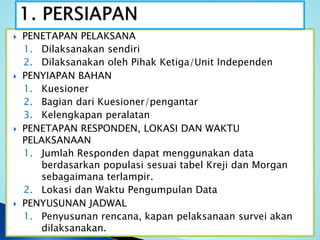  PENETAPAN PELAKSANA
1. Dilaksanakan sendiri
2. Dilaksanakan oleh Pihak Ketiga/Unit Independen
 PENYIAPAN BAHAN
1. Kuesioner
2. Bagian dari Kuesioner/pengantar
3. Kelengkapan peralatan
 PENETAPAN RESPONDEN, LOKASI DAN WAKTU
PELAKSANAAN
1. Jumlah Responden dapat menggunakan data
berdasarkan populasi sesuai tabel Kreji dan Morgan
sebagaimana terlampir.
2. Lokasi dan Waktu Pengumpulan Data
 PENYUSUNAN JADWAL
1. Penyusunan rencana, kapan pelaksanaan survei akan
dilaksanakan.
 