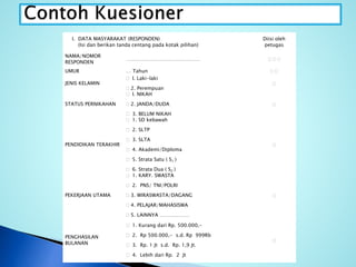 I. DATA MASYARAKAT (RESPONDEN)
(Isi dan berikan tanda centang pada kotak pilihan)
Diisi oleh
petugas
NAMA/NOMOR
RESPONDEN
………………………………………   
UMUR … Tahun  
JENIS KELAMIN
 l. Laki-laki
 2. Perempuan

STATUS PERNIKAHAN
 l. NIKAH
 2. JANDA/DUDA
 3. BELUM NIKAH

PENDIDIKAN TERAKHIR
 1. SD kebawah
 2. SLTP
 3. SLTA
 4. Akademi/Diploma
 5. Strata Satu ( S1 )
 6. Strata Dua ( S2 )

PEKERJAAN UTAMA
 1. KARY. SWASTA
 2. PNS/ TNI/POLRI
 3. WIRASWASTA/DAGANG
 4. PELAJAR/MAHASISWA
 5. LAINNYA ………………

PENGHASILAN
BULANAN
 1. Kurang dari Rp. 500.000,-
 2. Rp 500.000,- s.d. Rp 999Rb
 3. Rp. 1 Jt s.d. Rp. 1,9 Jt.
 4. Lebih dari Rp. 2 Jt

 