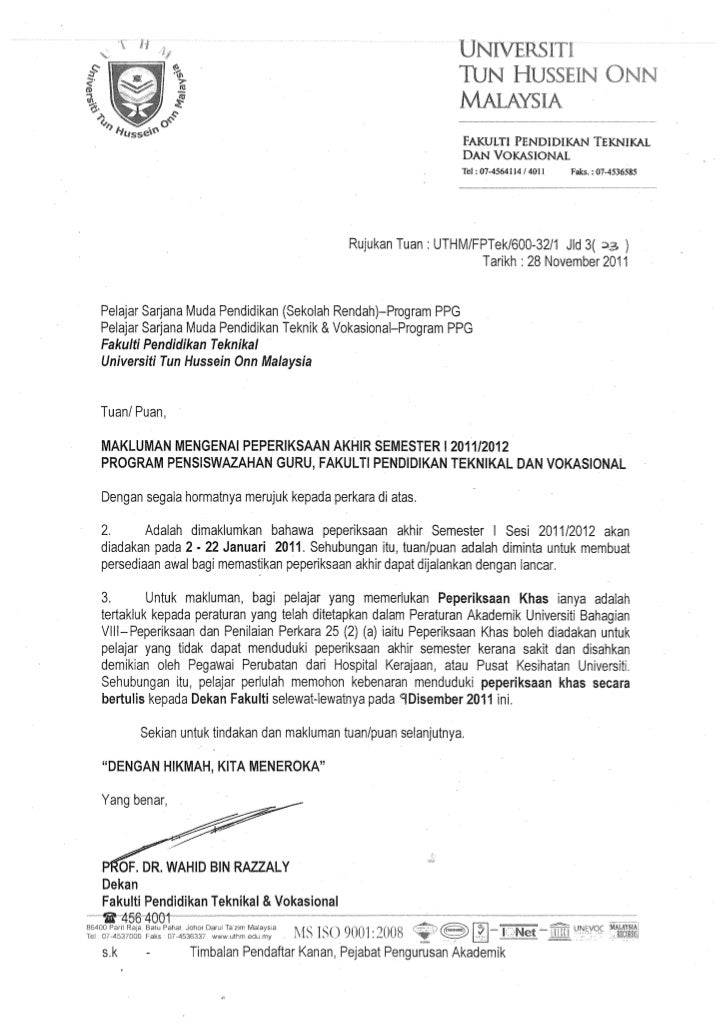 Contoh Surat Makluman Tidapat Hadir Peperiksaan