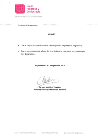 Alegaciones a la nueva plaza de Jefe de Servicio de Control Interno