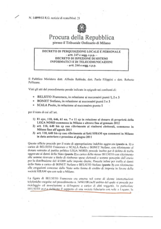 Caso Belsito, il decreto della Procura di Milano