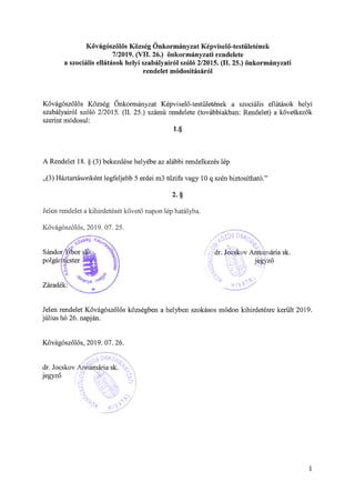 Kővágószőlős Község Önkormányzat Képviselő-testületének 7/2019.(VII.26.) önkormányzati rendelete