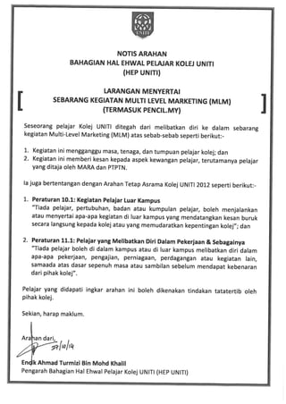 Notis Arahan Larangan Menyertai Sebarang Aktiviti MLM