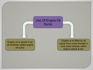 Use Of Engine Oil 
Sump 
Engine oil is stored in an 
oil chamber called engine 
oil sump. 
Engine is oil lifted by oil 
pump from sump through a 
wire mesh strainer which 
retains debris & dirt. 
 