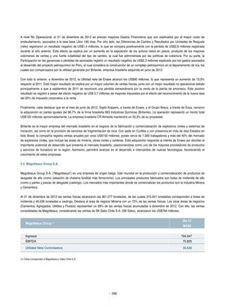 298
A nivel No Operacional, al 31 de diciembre de 2012 se precian mayores Gastos Financieros que son explicados por el mayor costo de
endeudamiento, asociados a la tasa base Libor 180 días. Por otro lado, las Diferencias de Cambio y Resultados por Unidades de Reajuste
(neto) registraron un resultado negativo de US$1,4 millones, lo que se compara positivamente con la pérdida de US$2,6 millones registrada
durante el año anterior. Este efecto se explica por un aumento en la exposición de los activos netos en pesos, producto de los mayores
volúmenes de ventas y una fuerte volatilidad del tipo de cambio, la cual fue administrada por las políticas de cobertura. Por su parte, la
Participación en las ganancias o pérdidas de asociadas registró un resultado negativo de US$2,3 millones explicado por los gastos asociados
al desarrollo del proyecto petroquímico en Perú, el cual considera la construcción de un complejo petroquímico en el departamento de Ica, los
cuales son compensados por la utilidad generada por Britanite, empresa brasileña adquirida en junio de 2012.
Con todo lo anterior, a diciembre de 2012, la Utilidad neta de Enaex alcanzó los US$90 millones, lo que representa un aumento de 13,9%
respecto al 2011. Este mayor resultado se explica por un mayor volumen de ventas físicas, junto con un mejor resultado no operacional debido
principalmente a que a septiembre de 2011 se reconoció una pérdida extraordinaria por la venta de la planta de amoniaco. Este positivo
resultado se registró a pesar del efecto negativo de US$ 2,7 millones de mayores impuestos por el efecto del reconocimiento de la nueva tasa
del 20% de impuesto corporativo a la renta.
Finalmente, cabe destacar que en el mes de junio de 2012, Sigdo Koppers, a través de Enaex, y el Grupo Breca, a través de Exsa, cerraron
la adquisición en partes iguales del 66,7% de la firma brasileña IBQ Industrias Químicas (Britanite). La operación representó un monto total
US$120 millones aproximadamente. La empresa brasileña CR Almeida mantendrá un 33,3% de su propiedad.
Britanite es la mayor empresa del mercado brasileño en el negocio de la fabricación y comercialización de explosivos civiles y sistemas de
iniciación, así como en la provisión de servicios de fragmentación de roca. Con sede en Curitiba y con presencia en más de diez Estados en
todo Brasil, la compañía registra ventas anuales por unos US$150 millones, posee cerca de 1.000 trabajadores y más del 40% del mercado
de explosivos civiles, que incluye las áreas de minería, obras civiles y canteras. Esta adquisición responde al interés de Enaex por abordar el
importante potencial de desarrollo que presenta el mercado brasileño, posicionándose como uno de los mayores proveedores de productos
y servicios de tronadura en la región. Asimismo, permitirá avanzar en el desarrollo e intercambio de nuevas tecnologías, favoreciendo el
crecimiento de estas empresas.
4.4 Magotteaux Group S.A.
Magotteaux Group S.A. (“Magotteaux”) es una empresa de origen belga, líder mundial en la producción y comercialización de productos de
desgaste de alto cromo (aleación de chatarra fundida más ferrocromo). Los principales productos fabricados son bolas de molienda de alto
cromo y partes y piezas de desgaste (castings). Los mercados más importantes donde se comercializan los productos son la industria Minera
y Cementera.
Al 31 de diciembre de 2012 las ventas físicas alcanzaron las 361.077 toneladas, de las cuales 315.041 toneladas corresponden a bolas de
molienda y 46.036 toneladas a castings. Destaca el área de negocio Minería con un 72% de las ventas físicas. Las otras áreas de negocios
(Cementos, Agregados, Utilities y Fluidos) representan un 28% de las ventas físicas acumuladas a diciembre de 2012. Con ello, las ventas
consolidadas de Magotteaux, considerando las ventas de SK Sabo Chile S.A. (SK Sabo), alcanzaron los US$794 millones.
Magotteaux Group (1)
Dic-12
MUS$
Ingresos 794.347
EBITDA 75.825
Utilidad Neta Controladora 35.540
(1) Cifras correponden a Magotteaux y Sabo Chile S.A.
 