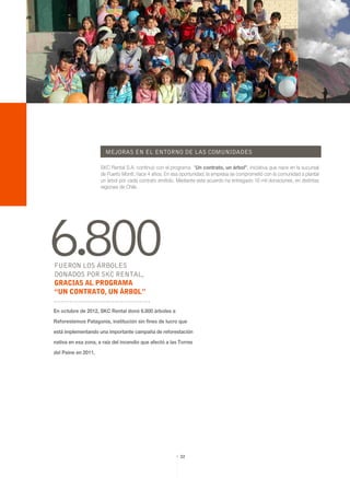 6.800
En octubre de 2012, SKC Rental donó 6.800 árboles a
Reforestemos Patagonia, institución sin fines de lucro que
está implementando una importante campaña de reforestación
nativa en esa zona, a raíz del incendio que afectó a las Torres
del Paine en 2011.
SKC Rental S.A. continuó con el programa “Un contrato, un árbol”, iniciativa que nace en la sucursal
de Puerto Montt, hace 4 años. En esa oportunidad, la empresa se comprometió con la comunidad a plantar
un árbol por cada contrato emitido. Mediante este acuerdo ha entregado 16 mil donaciones, en distintas
regiones de Chile.
32
 