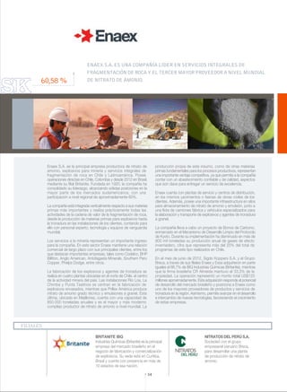 Enaex S.A. es la principal empresa productora de nitrato de
amonio, explosivos para minería y servicios integrales de
fragmentación de roca en Chile y Latinoamérica. Posee
operaciones directas en Chile, Colombia y desde 2012 en Brasil,
mediante su filial Britanite. Fundada en 1920, la compañía ha
consolidado su liderazgo, alcanzando sólidas posiciones en la
mayor parte de los mercados sudamericanos, con una
participación a nivel regional de aproximadamente 60%.
La compañía está integrada verticalmente respecto a sus materias
primas más importantes y realiza prácticamente todas las
actividades de la cadena de valor de la fragmentación de roca,
desde la producción de materias primas para explosivos hasta
la tronadura en las instalaciones de los clientes, contando para
ello con personal experto, tecnología y equipos de vanguardia
mundial.
Los servicios a la minería representan un importante ingreso
para la compañía. En este sector Enaex mantiene una relación
comercial de largo plazo con sus principales clientes, entre los
que destacan importantes empresas, tales como Codelco, BHP
Billiton, Anglo American, Antofagasta Minerals, Southern Perú
Copper, Phelps Dodge, entre otros.
La fabricación de los explosivos y agentes de tronadura se
realiza en cuatro plantas ubicadas en el norte de Chile, el centro
de la actividad minera del país. Las instalaciones Río Loa, La
Chimba y Punta Teatinos se centran en la fabricación de
explosivos envasados, mientras que Prillex América produce
nitrato de amonio grado técnico y emulsiones a granel. Esta
última, ubicada en Mejillones, cuenta con una capacidad de
850.000 toneladas anuales y es el mayor y más moderno
complejo productor de nitrato de amonio a nivel mundial. La
producción propia de este insumo, como de otras materias
primas fundamentales para los procesos productivos, representan
una importante ventaja competitiva, ya que permite a la compañía
contar con un abastecimiento confiable y de calidad, aspectos
que son clave para entregar un servicio de excelencia.
Enaex cuenta con plantas de servicio y centros de distribución,
en los mismos yacimientos o faenas de obras civiles de los
clientes. Además, posee una importante infraestructura en silos
para almacenamiento de nitrato de amonio y emulsión, junto a
una flota de camiones fábrica y vehículos especializados para
la elaboración y transporte de explosivos y agentes de tronadura
a granel.
La compañía lleva a cabo un proyecto de Bonos de Carbono,
enmarcado en el Mecanismo de Desarrollo Limpio del Protocolo
de Kyoto. Durante su implementación ha disminuido en más de
800 mil toneladas su producción anual de gases de efecto
invernadero, cifra que representa más del 20% del total de
programas de este tipo realizados en Chile.
En el mes de junio de 2012, Sigdo Koppers S.A. y el Grupo
Breca, a traves de sus filiales Enaex y Exsa adquirieron en parte
iguales el 66,7% de IBQ Industrias Químicas (Britanite), mientras
que la firma brasileña CR Almeida mantuvo el 33,3% de la
propiedad. La operación representó un monto total US$120
millones aproximadamente. Esta adquisición responde al potencial
de desarrollo del mercado brasileño y posiciona a Enaex como
uno de los mayores proveedores de productos y servicios de
tronadura en la región. Asimismo, permite avanzar en el desarrollo
e intercambio de nuevas tecnologías, favoreciendo el crecimiento
de estas empresas.
FILIALES
ENAEX S.A. ES UNA COMPAÑÍA LÍDER EN SERVICIOS INTEGRALES DE
FRAGMENTACIÓN DE ROCA Y EL TERCER MAYOR PROVEEDOR A NIVEL MUNDIAL
DE NITRATO DE AMONIO.
NITRATOS DEL PERÚ S.A.
Sociedad con el grupo
empresarial peruano Breca,
para desarrollar una planta
de producción de nitrato de
amonio.
BRITANITE IBQ
Industrias Químicas (Britanite) es la principal
empresa del mercado brasileño en el
negocio de fabricación y comercialización
de explosivos. Su sede está en Curitiba,
Brasil y cuenta con presencia en más de
10 estados de esa nación.
60,58%
54
 
