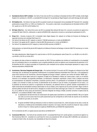 94
(1)	 Sociedad de Ahorro SKIT Limitada - Con fecha 18 de enero de 2012 se constituyó la Sociedad de Ahorro SKIT Limitada, donde Sigdo
Koppers S.A. participa en un 99,99%. La sociedad SK Converge S.A. fue aportada por Sigdo Koppers como parte del pago de este capital.
(2)	 SK Godelius S.A. - Con fecha 2 de mayo de 2012 se aprobó la fusión por incorporación de las sociedades SK Transición S.A. (sociedad
perteneciente al grupo SK en un 100%) con Godelius S.A.. De acuerdo a esta fusión, las participaciones de Sociedad de Ahorro SKIT
S.A. quedó con un 58,19% de SK Godelius S.A.
(3)	 SK Sabo Chile S.A. - Con fecha 26 de enero de 2012 la sociedad filial indirecta SK Acero S.A. concurrió al aumento de capital de la
sociedad SK Sabo Chile S.A., efectuando un aporte de MUS$19.500, adquiriendo a terceros un porcentaje de participación de 55%.
(4)	 Enaex S.A. – Durante el ejercicio 2011 la Sociedad matriz Sigdo Koppers S.A. adquirió en la Bolsa de Comercio de Santiago las
siguientes acciones de la sociedad filial Enaex S.A.:
•	 Con fecha 24 de febrero de 2011 adquirió un total de 7.780.000 acciones por un monto de MUS$94.872.
•	 Con fecha 12 de agosto de 2011 adquirió un total de 600.728 acciones por un monto de MUS$6.411.
•	 Con fecha 27 de septiembre de 2011 adquirió un total de 50.000 acciones en MUS$171.
	 Adicionalmente, con fecha 30 de julio de 2010 adquirió en la Bolsa de Comercio de Santiago un total de 3.820.767 acciones por un monto
de MU$33.281.
Con estas adquisiciones, Sigdo Koppers S.A. pasó de tener un 53,73% de participación sobre Enaex S.A. a un 60,58% en el año 2011,
y de 50,62% a 53,73% en el año 2010.
Los registros de estas compras se realizaron de acuerdo con NIC 27.30 que establece que cambios en la participación en la propiedad
que una controladora tiene en una subsidiaria y que no significa pérdida de control se registran como transacciones de patrimonio. Al 31
de diciembre de 2012, el efecto acumulado en el patrimonio como resultado de las compras mencionadas representa un cargo a otras
reservas ascendente a MUS$ 94.959.
(5)	 Inversiones y Servicios Integrales de Energía Ltda. – Por escritura de fecha 31 de enero de 2012 otorgada en la Notaría de don Raúl
Undurraga Laso, se efectuaron las siguientes modificaciones a la sociedad Explosivos Industriales Ireco Chile Ltda.: a) Se reemplaza la
actual razón social por la de “Inversiones y Servicios Integrales de Energía Limitada”, pudiendo usar nombre de fantasía “INSIE Ltda.”.
b) Se sustituye el actual objeto social por el siguiente: El objeto de la Sociedad es realizar por cuenta propia o ajena, en el territorio
nacional o en el extranjero, las siguientes actividades: i) la fabricación, importación, exportación, compra, venta y cualquier otra forma
de comercialización de explosivos industriales y productos químicos afines; ii) la participación en sociedades de cualquier naturaleza
y objeto; iii) la inversión en todas sus formas, la administración de los bienes en que se invierta y la percepción de sus frutos; y iv)
la prestación de servicios de asesoría, la organización de empresas y de asistencia técnica en general. Quedan comprendidas en el
objeto social todas las actividades lucrativas relacionadas con las ya citadas y otros negocios que los socios acuerden. Según consta en
escritura pública de fecha 20 de abril de 2012, otorgada en la notaría de don Raúl Undurraga Laso, Enaex S.A. e Inverell Participations
Inc, en su calidad de únicos socios de Inversiones y Servicios Integrales de Energía Limitada, acuerdan aumentar el capital social de
MUS$ 527, a la cantidad de MUS$ 77.695, mediante:
a)	 la capitalización del total del fondo de revalorización del capital propio ascendente a la cantidad de MUS$ 2.168, por el aporte
que cada uno de los socios hace de la parte proporcional que les corresponde en dicho fondo de acuerdo con los derechos
sociales de que cada uno es dueño.
b)	 El aporte de MUS$ 75.000 que efectuará en dinero en efectivo el socio Enaex S.A., dentro del plazo de tres años a contar de
esta fecha y a medida que las necesidades sociales lo requieran. Con cargo a esta cifra, durante los meses de mayo y octubre
de 2012, Enaex S.A. efectuó aportes de capital por MUS$ 56.432 y por MUS$ 450 respectivamente.
Al 31 de diciembre de 2012, el capital social de esta filial es de MUS$ 59.577.
(6)	 Inversiones Nittra S.A. – Con fecha 24 de noviembre de 2011, la sociedad filial Enaex S.A. acordó aprobar un aumento de capital en su
filial Inversiones Nittra S.A. –sociedad en la cual Enaex S.A. tiene una propiedad de 100% de hasta US$ 15.000.000 a ser enterados en
un plazo de hasta 3 años, de acuerdo a las necesidades de flujo de la empresa.
 