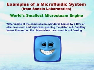 Examples of a Microfluidic System
(from Sandia Laboratories)

World's Smallest Microsteam Engine
Water inside of the compression cylinder is heated by a flow of
electric current and vaporizes, pushing the piston out. Capillary
forces then retract the piston when the current is not flowing.

 