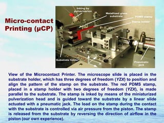 Micro-contact
Printing (µCP)

View of the Microcontact Printer. The microscope slide is placed in the
substrate holder, which has three degrees of freedom (YZX) to position and
align the pattern of the stamp on the substrate. The red PDMS stamp,
placed in a stamp holder with two degrees of freedom (YZX), is made
parallel to the substrate. The stamp is inked by means of the miniaturized
pulverization head and is guided toward the substrate by a linear slide
actuated with a pneumatic jack. The load on the stamp during the contact
with the substrate is controlled via air pressure from the piston. The stamp
is released from the substrate by reversing the direction of airflow in the
piston (our own experience).

 