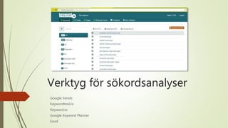 Verktyg för sökordsanalyser
Google trends
Keywordtool.io
Keyword.io
Google Keyword Planner
Excel
 