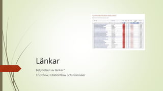 Länkar
Betydelsen av länkar?
Trustflow, Citationflow och risknivåer
 