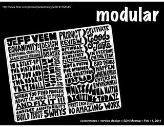 http://www.ﬂickr.com/photos/pedestriantype/8741556545

modular

sketchnotes + service design :: SDN Meetup :: Feb 11, 2014

 