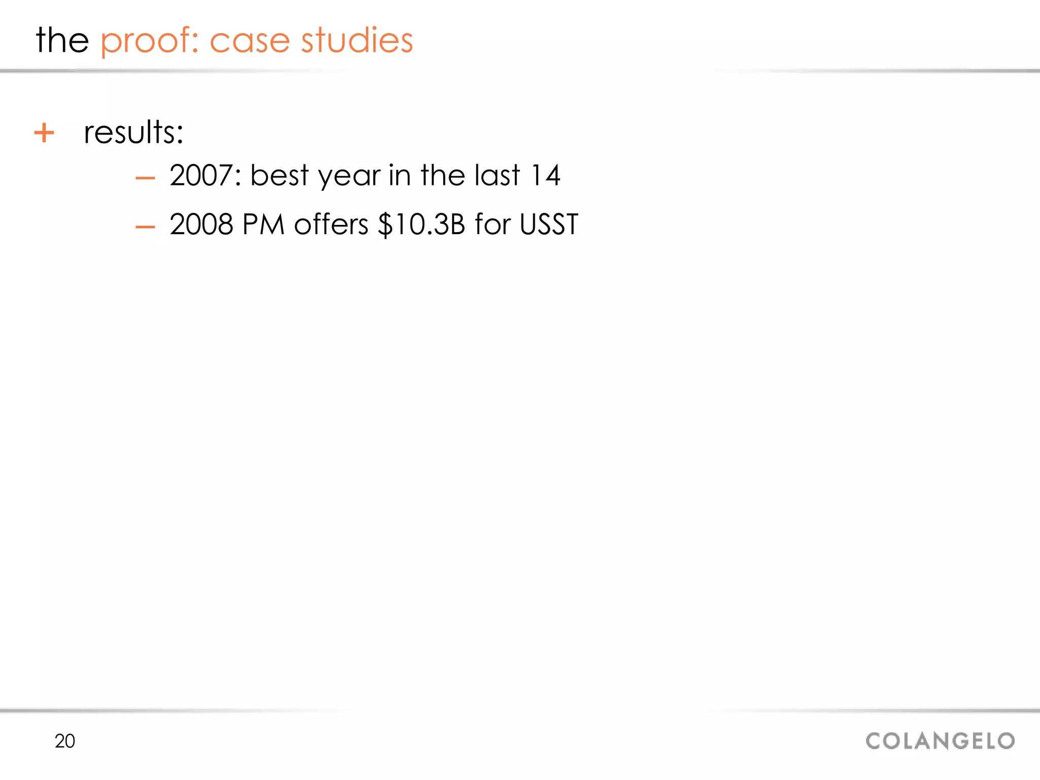 the  proof: case studies results: 2007: best year in the last 14 2008 PM offers $10.3B for USST 