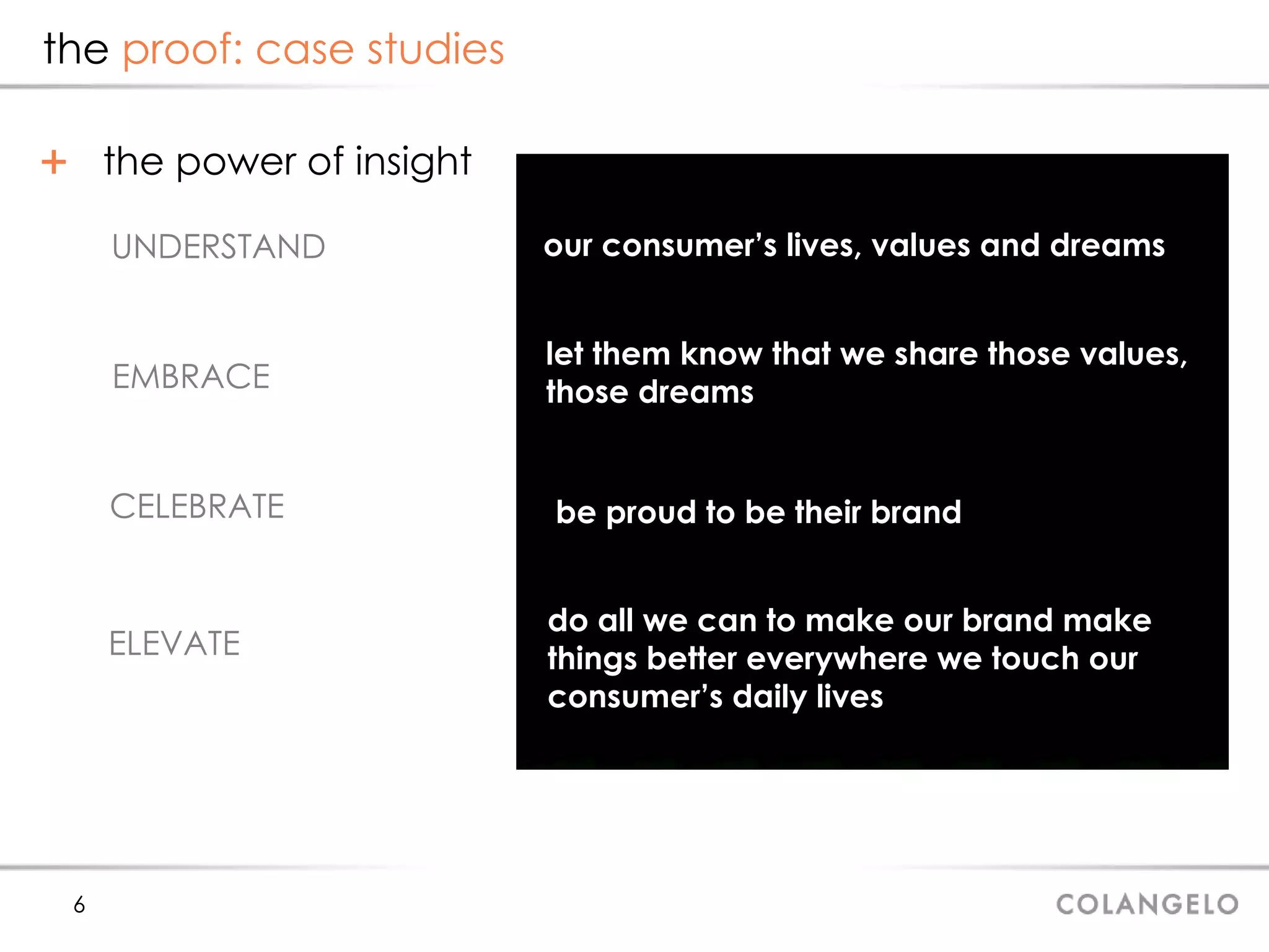 the  proof: case studies the power of insight UNDERSTAND ELEVATE CELEBRATE EMBRACE our consumer’s lives, values and dreams let them know that we share those values,  those dreams be proud to be their brand do all we can to make our brand make things better everywhere we touch our consumer’s daily lives 