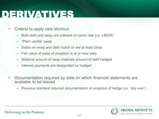 - 27 -
• Criteria to apply new shortcut
– Both debt and swap are indexed on same rate (i.e. LIBOR)
– “Plain vanilla” swap
– Dates on swap and debt match or are at least close
– Fair value of swap at inception is at or near zero
– Notional amount of swap matches amount of debt hedged
– Interest payments are designated as hedged
• Documentation required by date on which financial statements are
available to be issued
– Previous standard required documentation at inception of hedge (i.e. “day one”)
DERIVATIVES
 