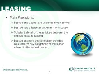 - 33 -
• Main Provisions:
 Lessee and Lessor are under common control
 Lessee has a lease arrangement with Lessor
 Substantially all of the activities between the
entities relate to leasing
 Lessee explicitly guarantees or provides
collateral for any obligations of the lessor
related to the leased property
LEASING
 