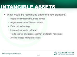 - 51 -
• What would be recognized under the new standard?
– Registered trademarks, trade names
– Registered internet domain names
– Patented technology
– Licensed computer software
– Trade secrets and processes that are legally registered
– Artistic-related intangible assets
INTANGIBLE ASSETS
 