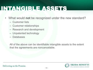 - 53 -
• What would not be recognized under the new standard?
– Customer lists
– Customer relationships
– Research and development
– Unpatented technology
– Databases
All of the above can be identifiable intangible assets to the extent
that the agreements are noncancelable.
INTANGIBLE ASSETS
 