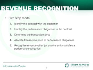 - 57 -
• Five step model
1. Identify the contract with the customer
2. Identify the performance obligations in the contract
3. Determine the transaction price
4. Allocate transaction price to performance obligations
5. Recognize revenue when (or as) the entity satisfies a
performance obligation
REVENUE RECOGNITION
 