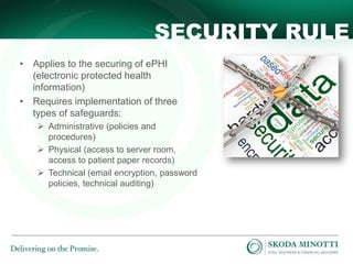 SECURITY RULE
• Applies to the securing of ePHI
(electronic protected health
information)
• Requires implementation of three
types of safeguards:
 Administrative (policies and
procedures)
 Physical (access to server room,
access to patient paper records)
 Technical (email encryption, password
policies, technical auditing)

 
