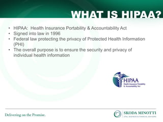 WHAT IS HIPAA?
• HIPAA: Health Insurance Portability & Accountability Act
• Signed into law in 1996
• Federal law protecting the privacy of Protected Health Information
(PHI)
• The overall purpose is to ensure the security and privacy of
individual health information

 