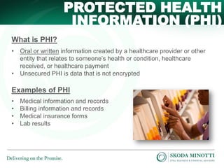 PROTECTED HEALTH
INFORMATION (PHI)
What is PHI?
• Oral or written information created by a healthcare provider or other
entity that relates to someone’s health or condition, healthcare
received, or healthcare payment
• Unsecured PHI is data that is not encrypted

Examples of PHI
•
•
•
•

Medical information and records
Billing information and records
Medical insurance forms
Lab results

 
