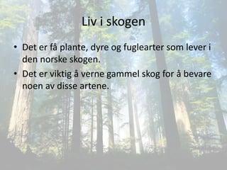 Liv i skogen
• Det er få plante, dyre og fuglearter som lever i
  den norske skogen.
• Det er viktig å verne gammel skog for å bevare
  noen av disse artene.
 