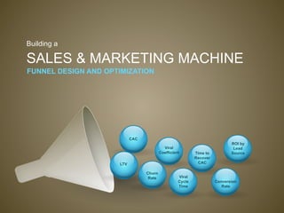 Building a

SALES & MARKETING MACHINE
FUNNEL DESIGN AND OPTIMIZATION	
  




                              CAC
                                                                               ROI by
                                              Viral                             Lead
                                            Coefficient       Time to          Source
                                                              Recover
                        LTV                                    CAC

                                    Churn
                                     Rate             Viral
                                                      Cycle             Conversion
                                                      Time                 Rate
 