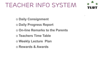 Teacher info system
o Daily Consignment
o Daily Progress Report
o On-line Remarks to the Parents
o Teachers Time Table
o Weekly Lecture Plan
o Rewards & Awards

 