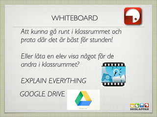 WHITEBOARD
Att kunna gå runt i klassrummet och
prata där det är bäst för stunden!

Eller låta en elev visa något för de
andra i klassrummet?

EXPLAIN EVERYTHING
GOOGLE DRIVE
 
